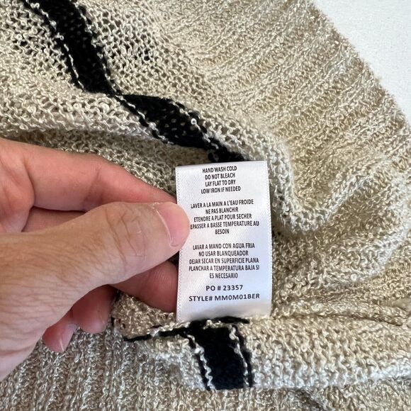 Bobeau Sweater Womens M Medium Oatmeal Black Striped Open Weave Long Sleeve Crew - Picture 11 of 13
